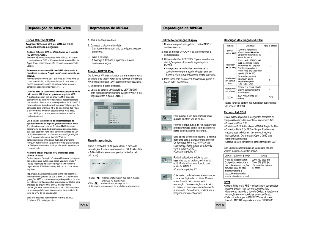 Samsung DVD-P249M/XEC manual Reprodução de MP3/WMA Reprodução de MPEG4 