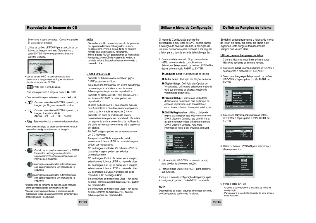 Samsung DVD-P249M/XEC manual Utilizar o menu Language do leitor, Discos Jpeg CD-R, DivXR Registration Utilize o código de 