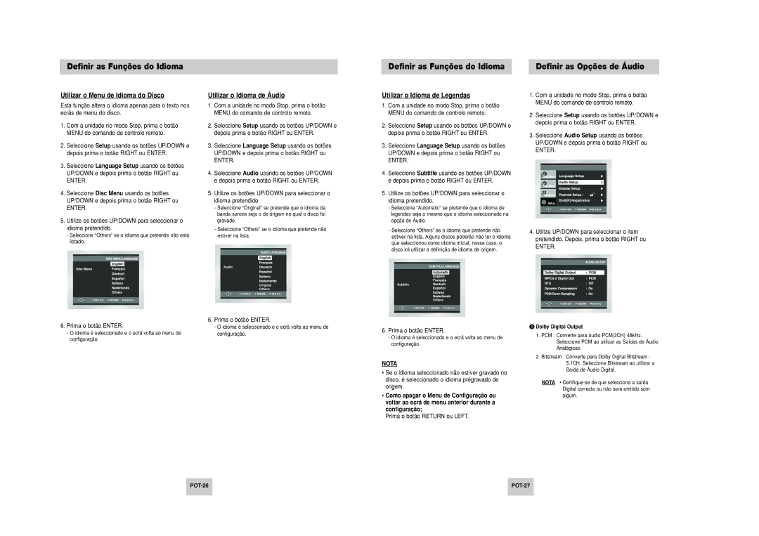 Samsung DVD-P249M/XEC manual Definir as Funções do Idioma Definir as Opções de Áudio, Utilizar o Menu de Idioma do Disco 