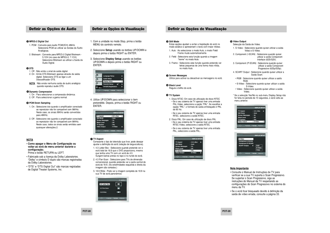 Samsung DVD-P249M/XEC manual Definir as Opções de Visualização, Como apagar o Menu de Configuração ou, POT-28 POT-29 