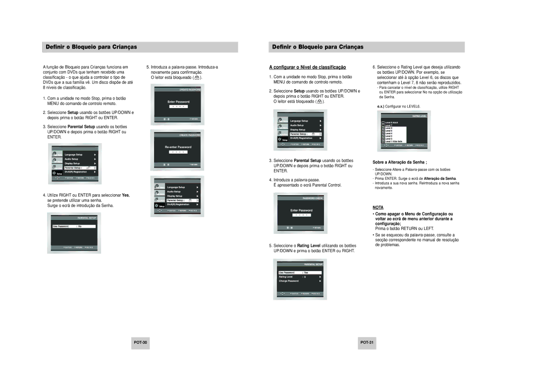 Samsung DVD-P249M/XEC Definir o Bloqueio para Crianças, Configurar o Nível de classificação, Sobre a Alteração da Senha 