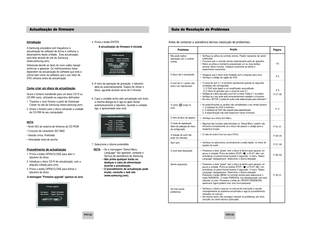 Samsung DVD-P249M/XEC Actualização do firmware, Guia de Resolução de Problemas, Introdução, Procedimento de actualização 