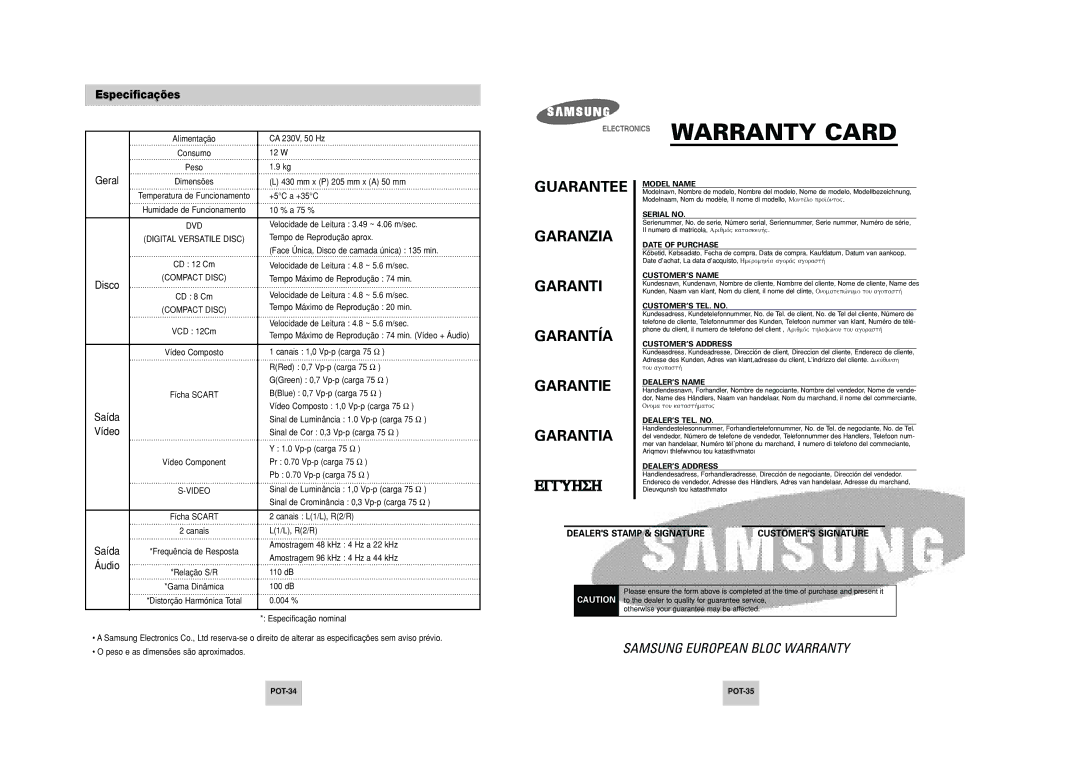 Samsung DVD-P249M/XEC manual Especificações, POT-34 POT-35 