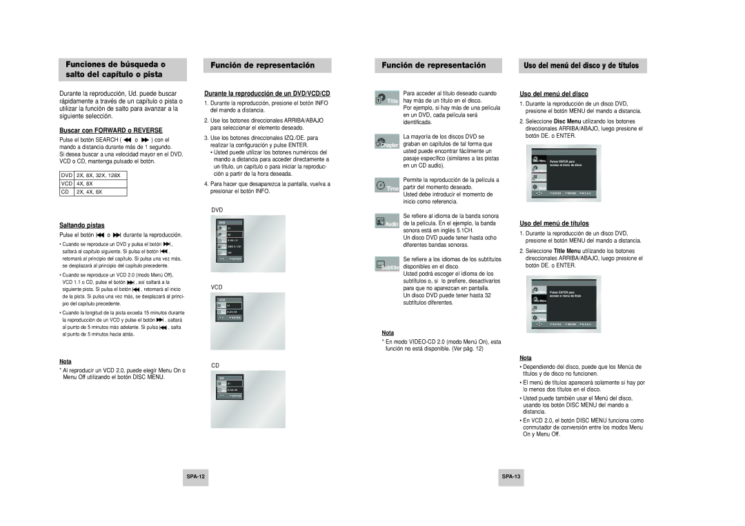 Samsung DVD-P249M/XEC manual Funciones de búsqueda o salto del capítulo o pista, Función de representación 