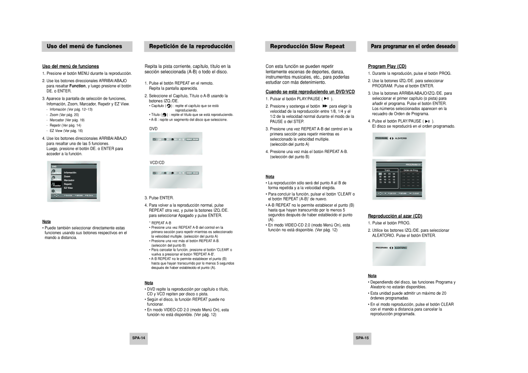 Samsung DVD-P249M/XEC Cuando se esté reproduciendo un DVD/VCD, Program Play CD, Reproducción al azar CD, SPA-14 SPA-15 