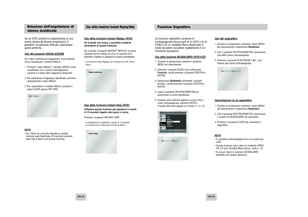 Samsung DVD-P249M/XET Selezione dellangolazione di visione desiderata, Funzione Segnalibro, Uso del pulsante Angolazione 