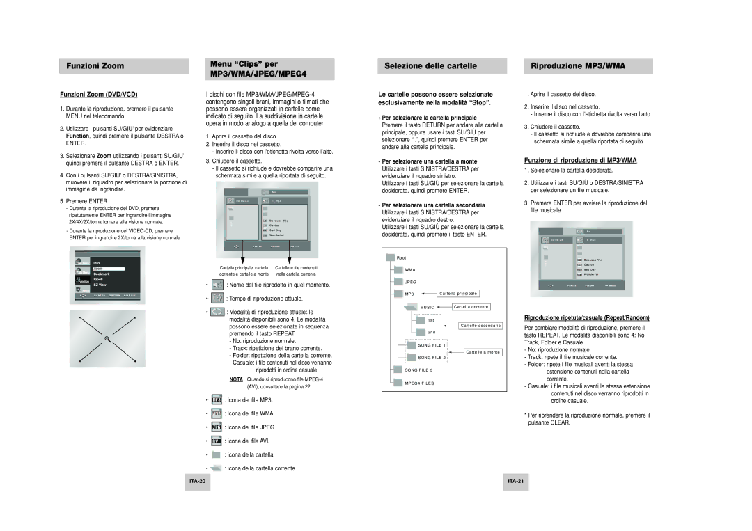 Samsung DVD-P249M/XET manual Funzioni Zoom DVD/VCD, Funzione di riproduzione di MP3/WMA, ITA-20 ITA-21 