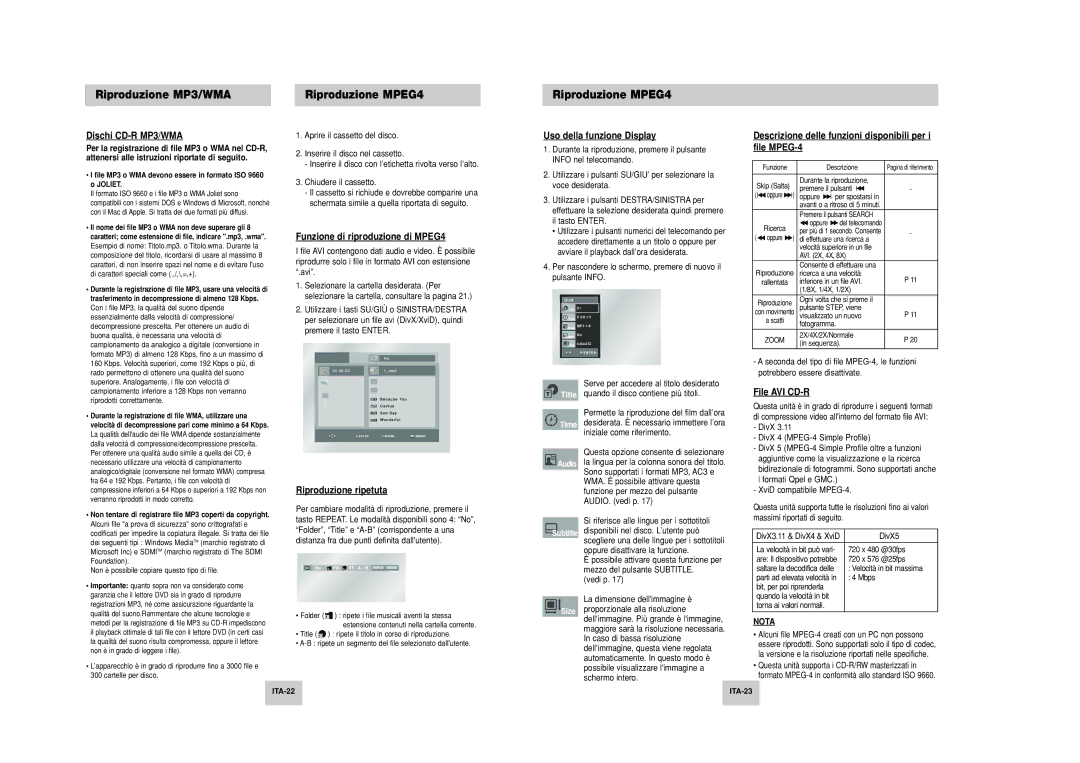 Samsung DVD-P249M/XET manual Riproduzione MP3/WMA Riproduzione MPEG4 