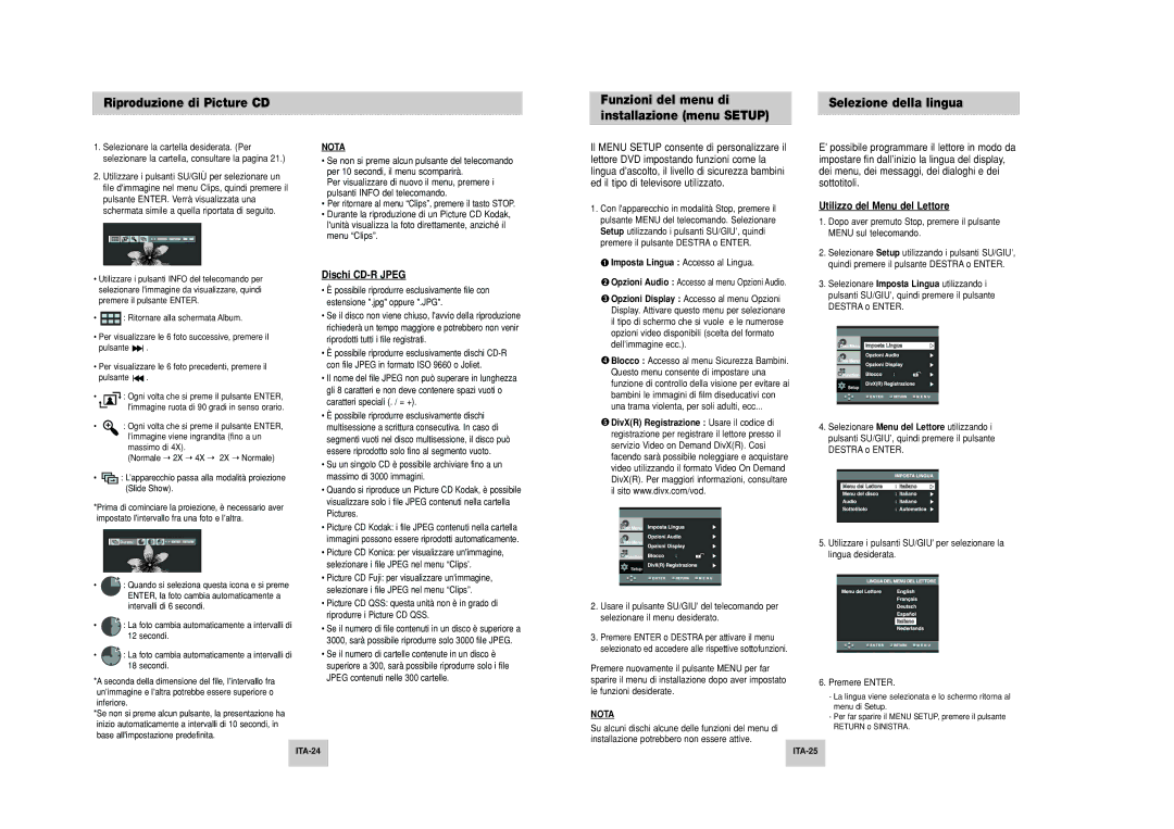 Samsung DVD-P249M/XET Utilizzo del Menu del Lettore, Dischi CD-R Jpeg, DivXR Registrazione Usare il codice di, ITA-24 