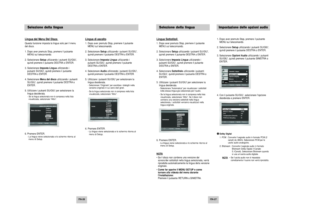 Samsung DVD-P249M/XET manual Lingua del Menu Del Disco, Lingua di ascolto, Lingua Sottotitoli, ITA-26 ITA-27 