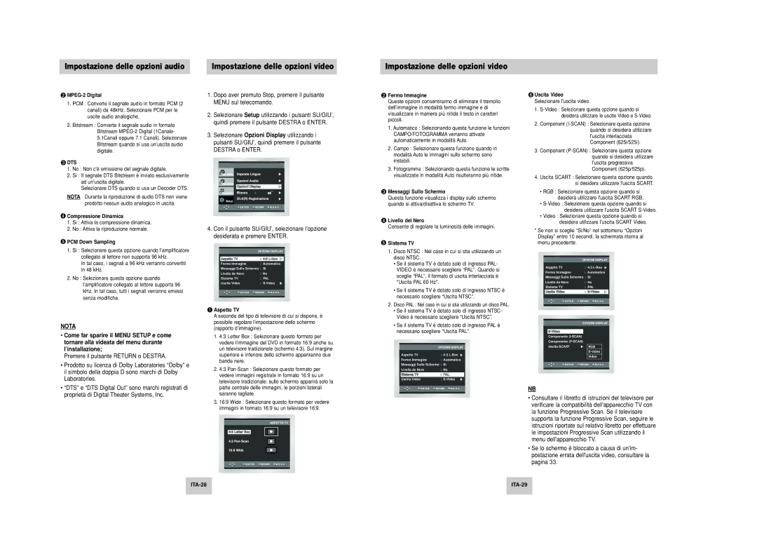 Samsung DVD-P249M/XET manual Impostazione delle opzioni video, ITA-28 ITA-29 