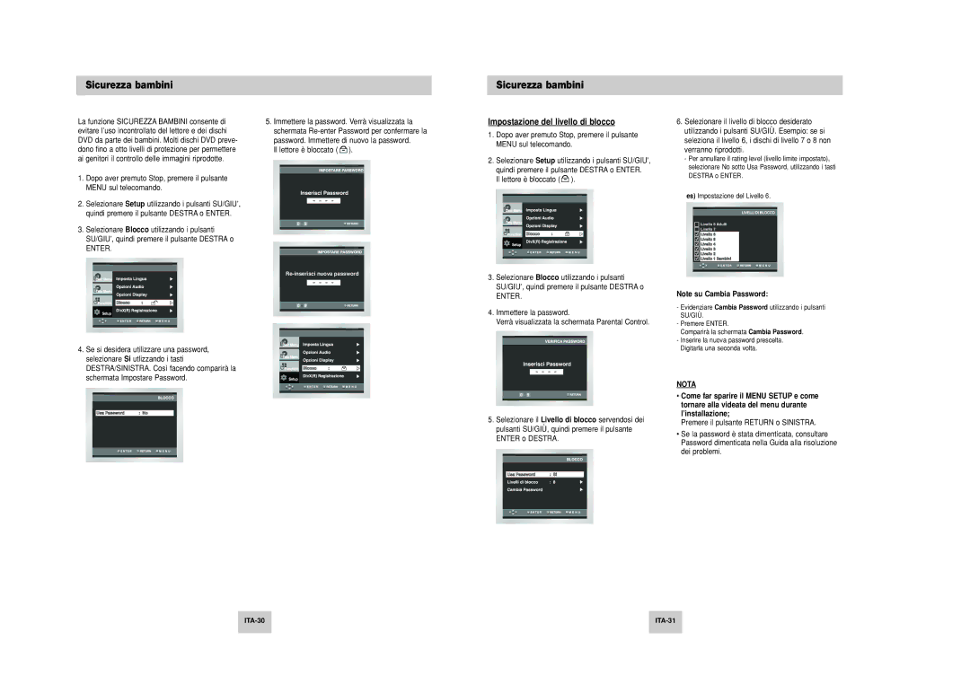 Samsung DVD-P249M/XET manual Sicurezza bambini, Impostazione del livello di blocco, ITA-30 ITA-31 