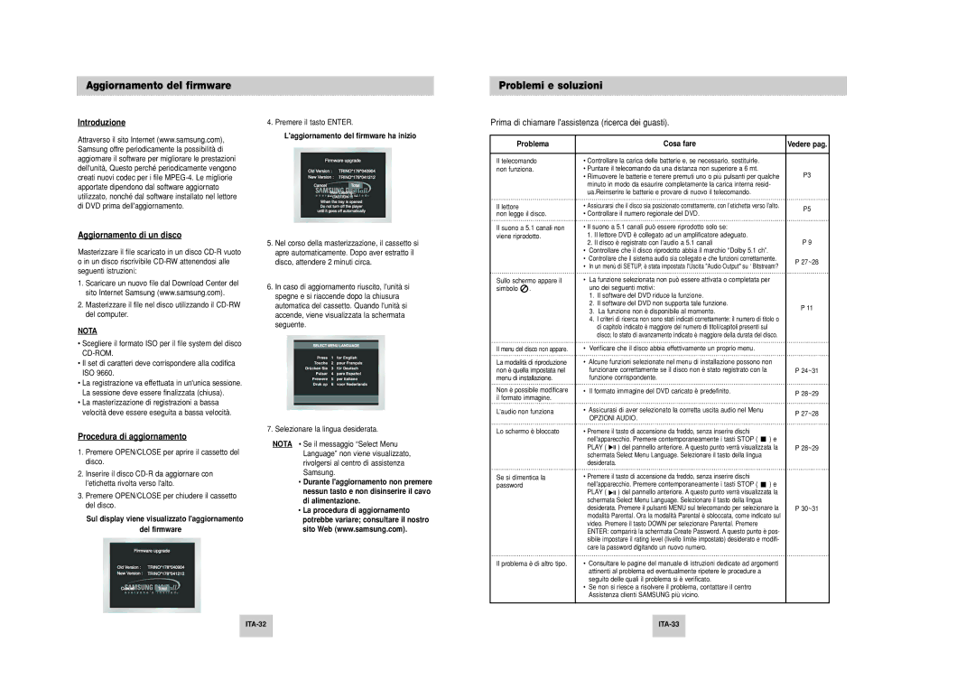 Samsung DVD-P249M/XET manual Aggiornamento del firmware, Problemi e soluzioni, Introduzione, Aggiornamento di un disco 