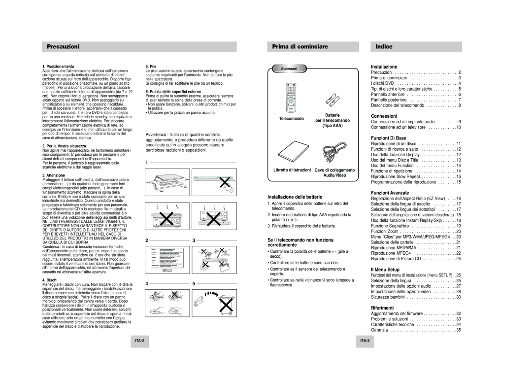 Samsung DVD-P249M/XET manual Precauzioni Prima di cominciare Indice 