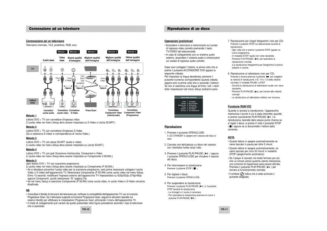 Samsung DVD-P249M/XET manual Connessione ad un televisore, Riproduzione di un disco 