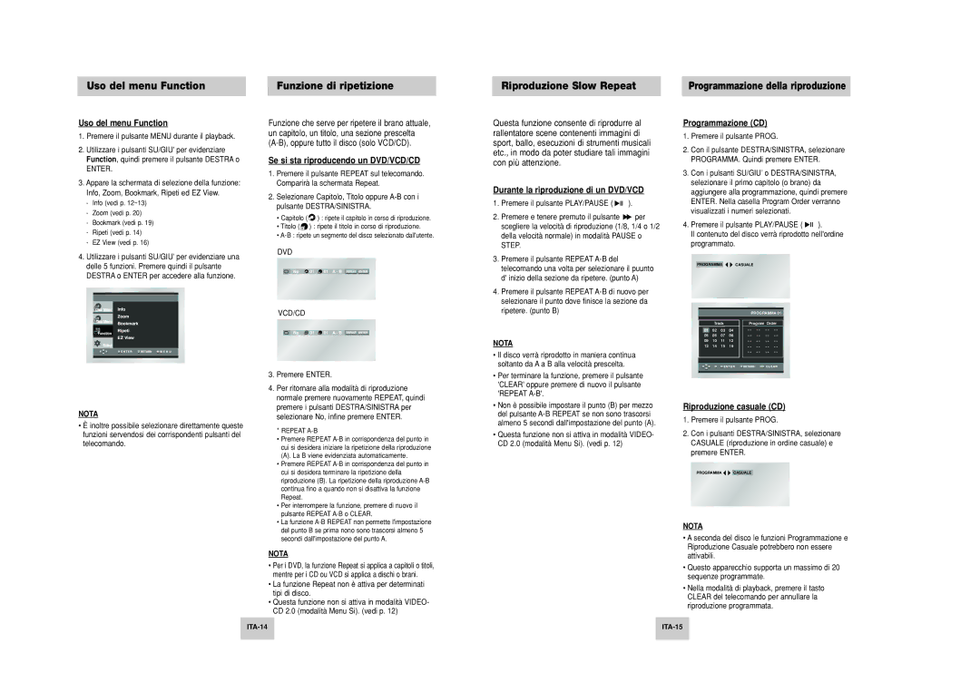 Samsung DVD-P249M/XET manual Uso del menu Function, Funzione di ripetizione, Riproduzione Slow Repeat 