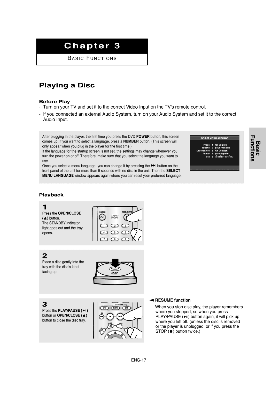 Samsung DVD-P250K/XSG, DVD-P250K/AFR manual Playing a Disc, Before Play, Playback, Resume function 