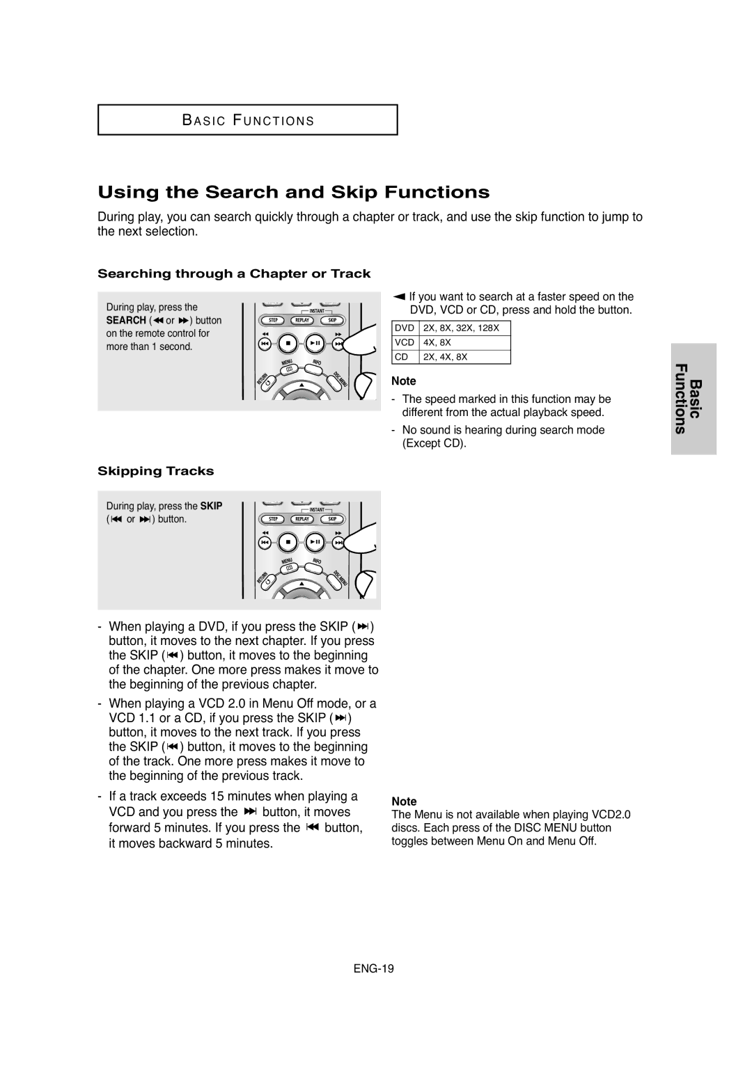 Samsung DVD-P250K/XSG manual Using the Search and Skip Functions, Searching through a Chapter or Track, Skipping Tracks 