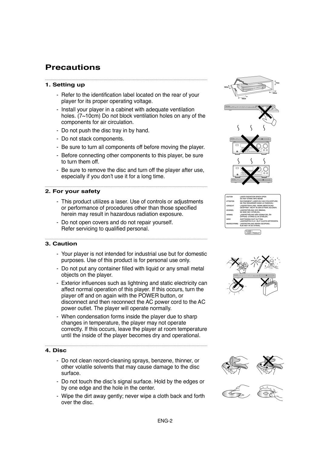 Samsung DVD-P250K/AFR, DVD-P250K/XSG manual Precautions, Setting up, For your safety, Disc 