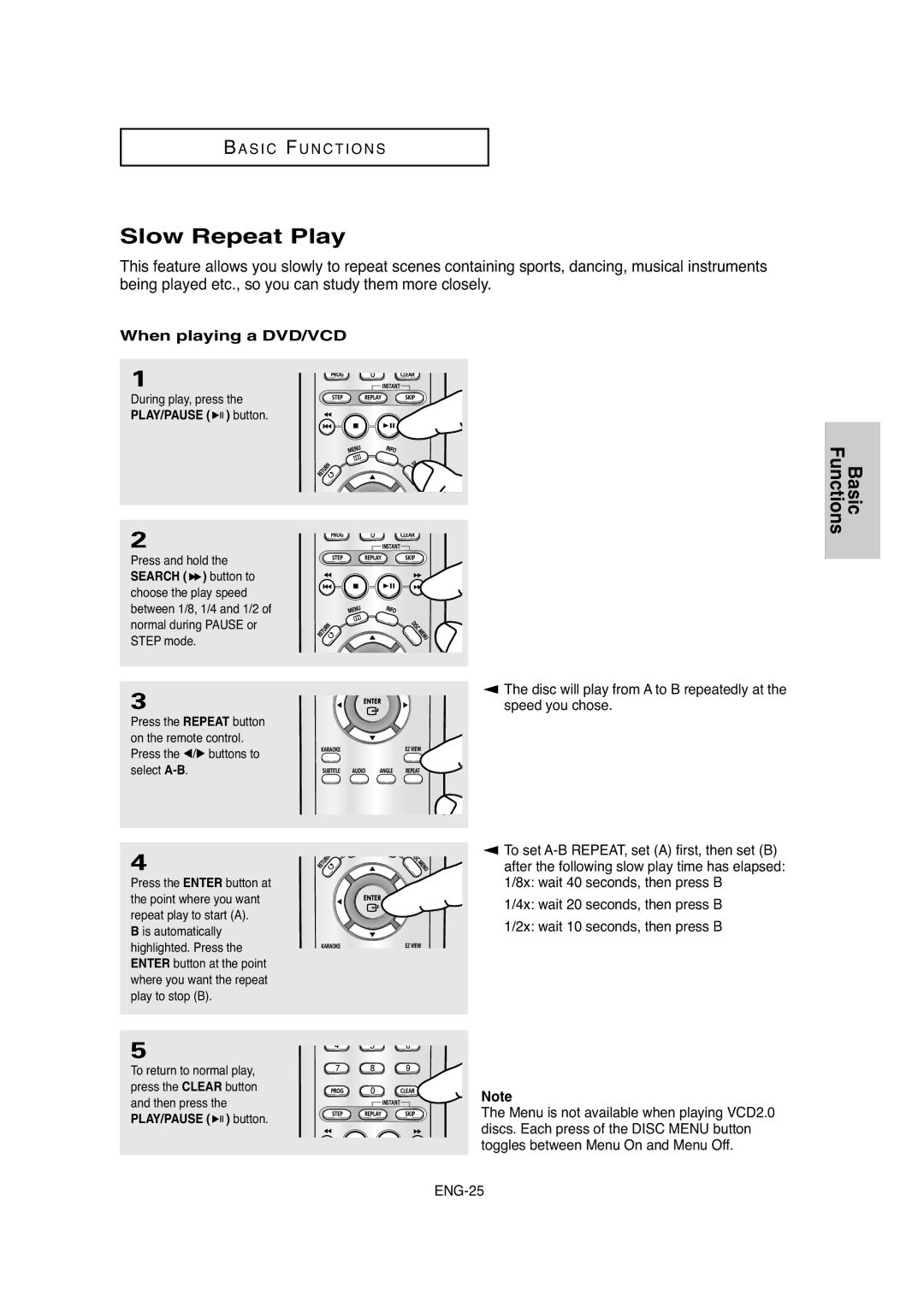 Samsung DVD-P250K/XSG, DVD-P250K/AFR manual Slow Repeat Play, When playing a DVD/VCD, During play, press 