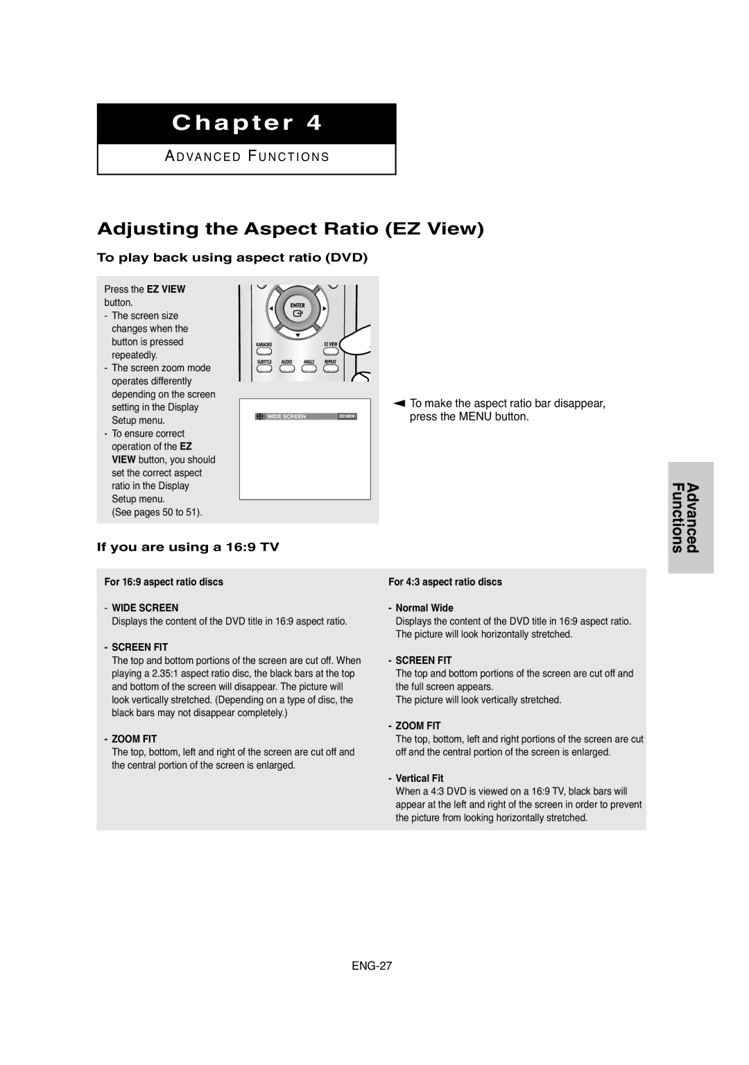 Samsung DVD-P250K/XSG Adjusting the Aspect Ratio EZ View, To play back using aspect ratio DVD, Press the EZ View button 