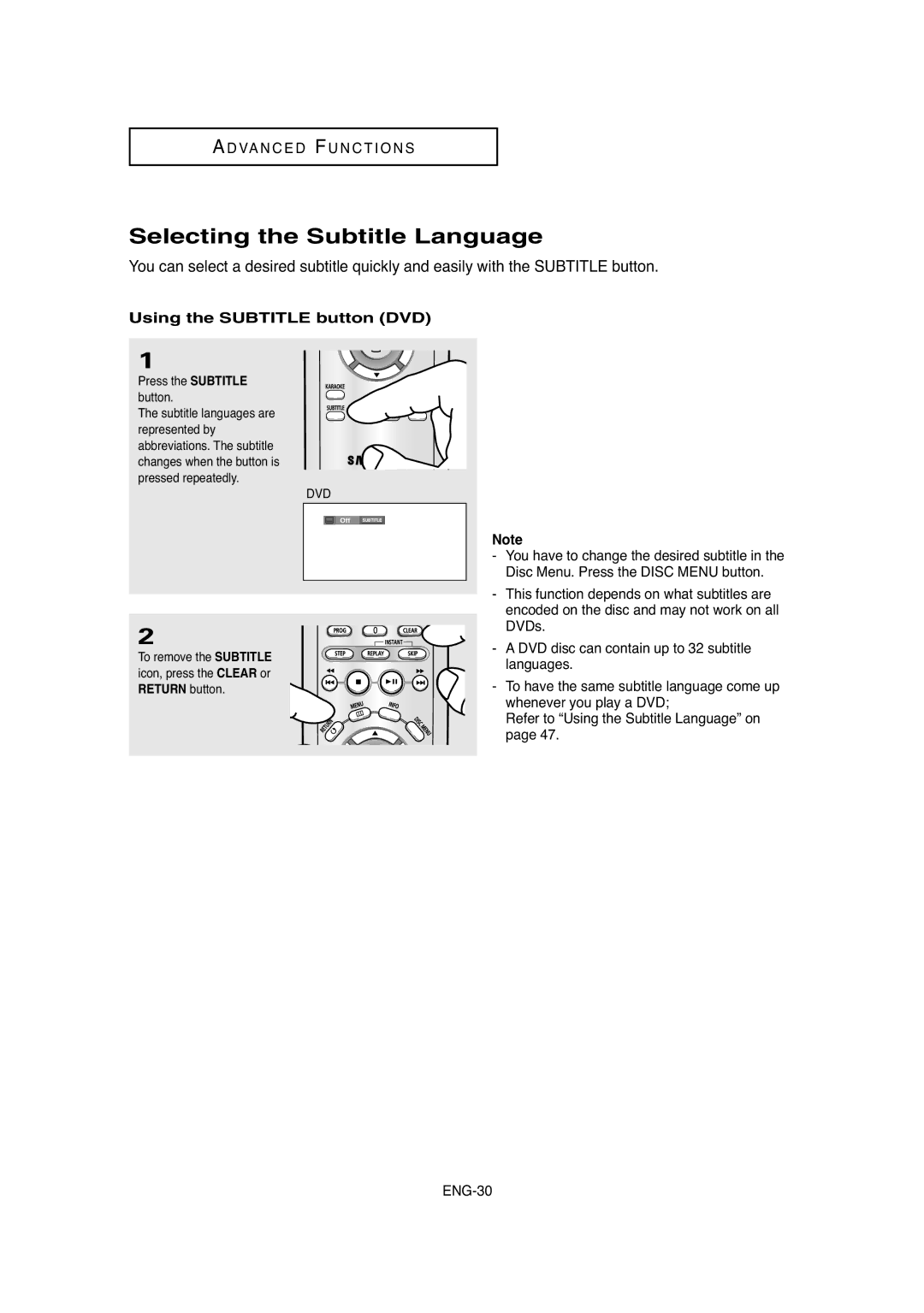 Samsung DVD-P250K/AFR manual Selecting the Subtitle Language, Using the Subtitle button DVD, Press the Subtitle button 