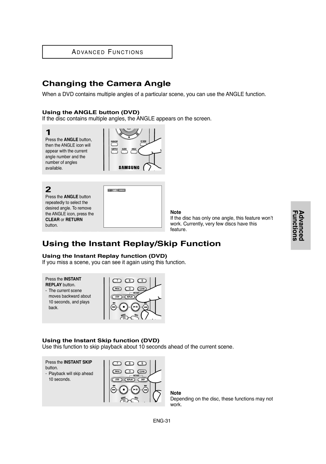 Samsung DVD-P250K/XSG manual Changing the Camera Angle, Using the Instant Replay/Skip Function, Using the Angle button DVD 