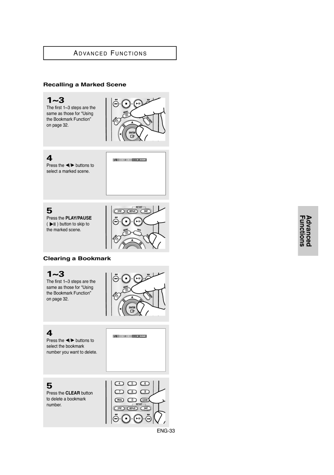 Samsung DVD-P250K/XSG Recalling a Marked Scene, Clearing a Bookmark, Press the Clear button to delete a bookmark number 