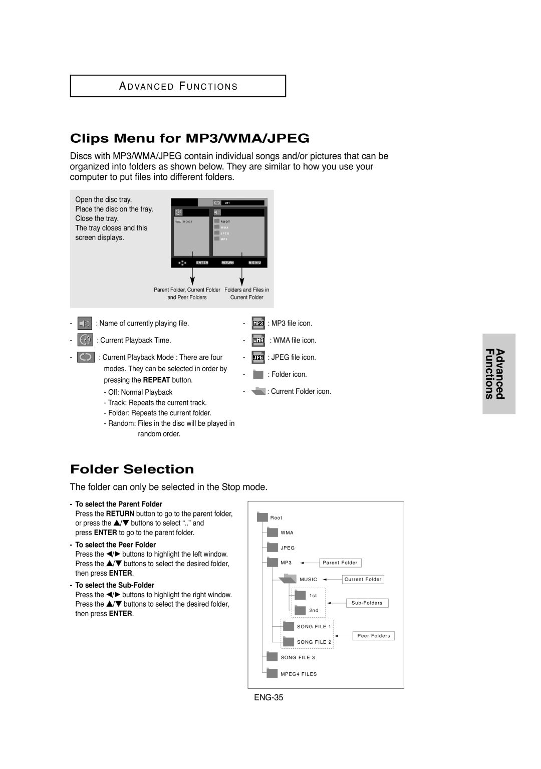 Samsung DVD-P250K/XSG, DVD-P250K/AFR manual Clips Menu for MP3/WMA/JPEG, Folder Selection 