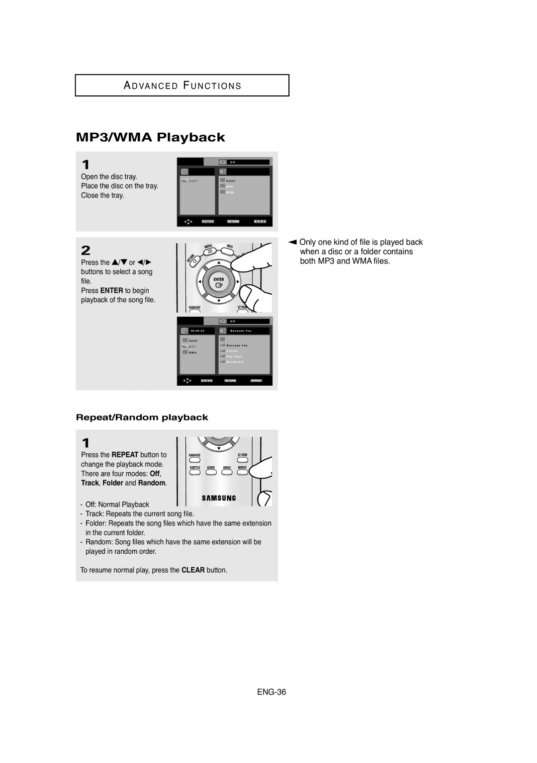 Samsung DVD-P250K/AFR manual MP3/WMA Playback, Repeat/Random playback, Press the …/† or œ/√ buttons to select a song file 