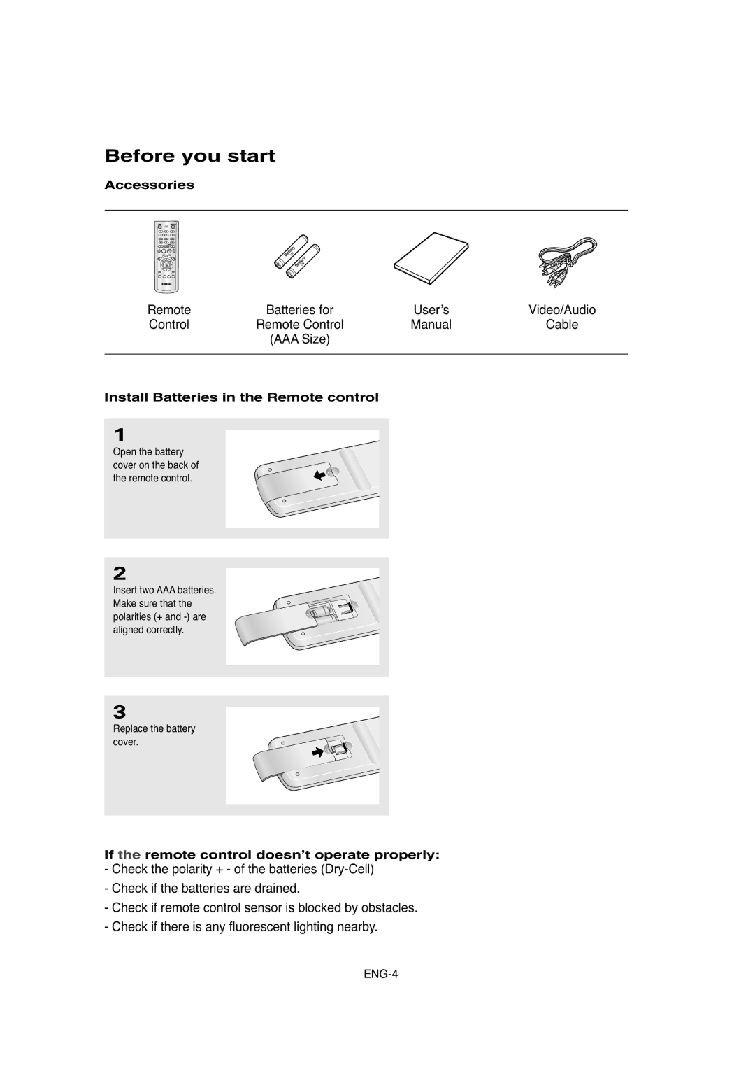 Samsung DVD-P250K/AFR Before you start, Accessories, Install Batteries in the Remote control, Replace the battery cover 