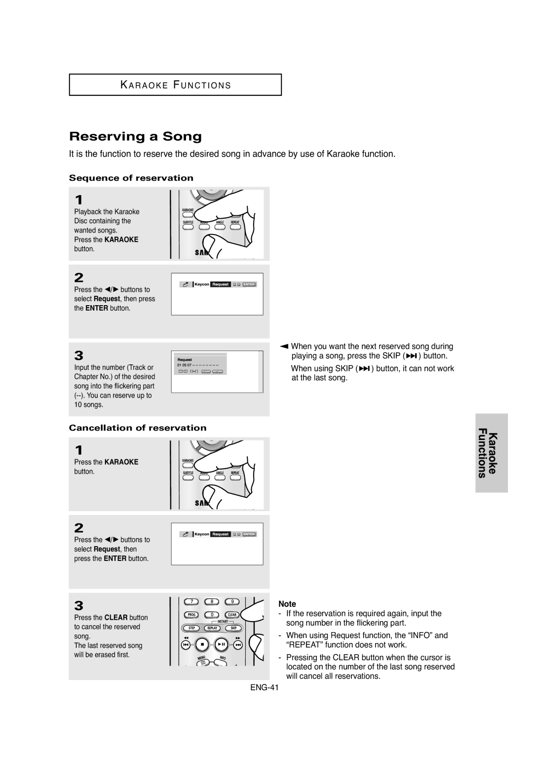 Samsung DVD-P250K/XSG, DVD-P250K/AFR manual Reserving a Song, Press the Clear button to cancel the reserved song 