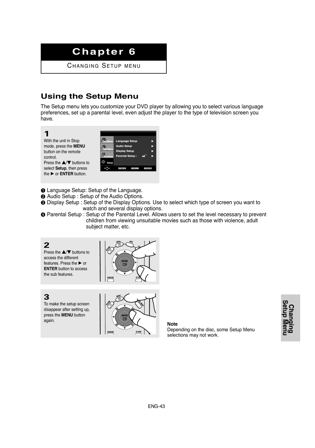 Samsung DVD-P250K/XSG, DVD-P250K/AFR manual Using the Setup Menu 