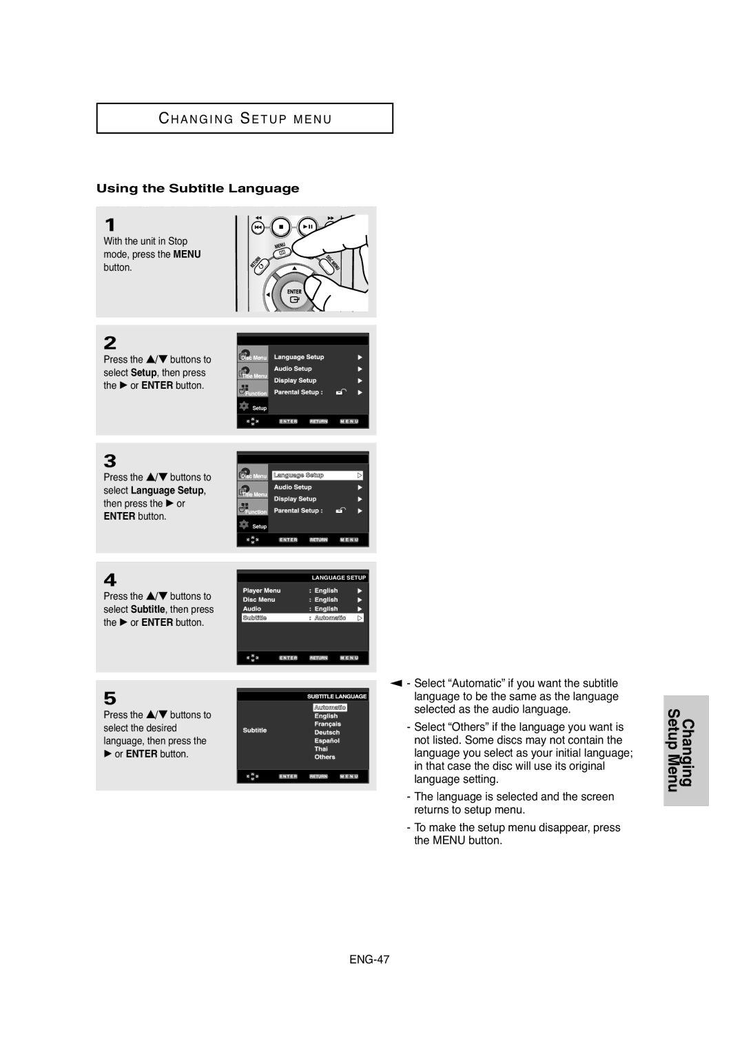 Samsung DVD-P250K/XSG, DVD-P250K/AFR manual Using the Subtitle Language 