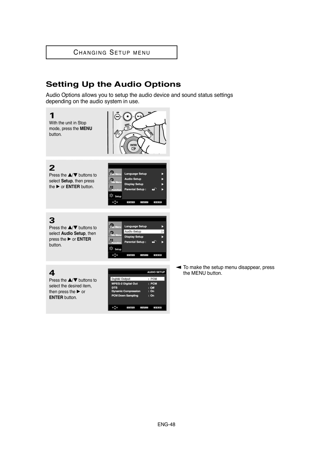 Samsung DVD-P250K/AFR, DVD-P250K/XSG manual Setting Up the Audio Options, Enter button 