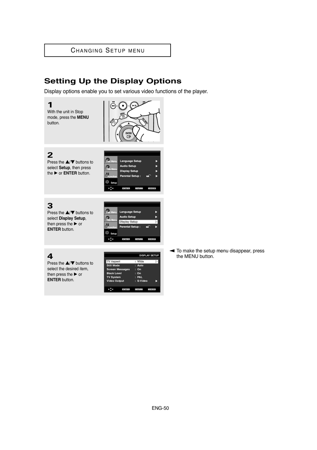 Samsung DVD-P250K/AFR, DVD-P250K/XSG manual Setting Up the Display Options 