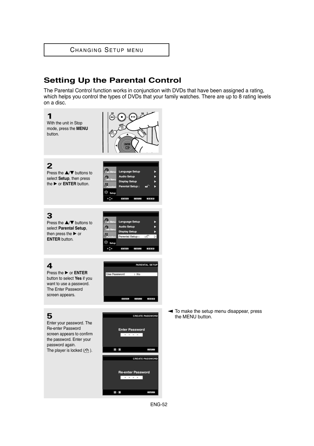 Samsung DVD-P250K/AFR, DVD-P250K/XSG manual Setting Up the Parental Control, Player is locked 