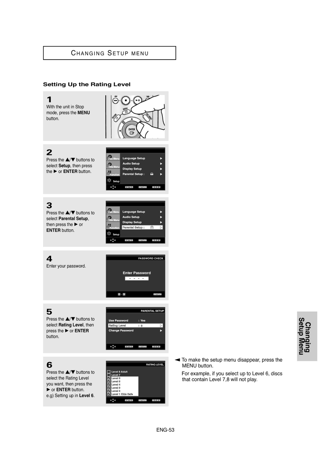 Samsung DVD-P250K/XSG Setting Up the Rating Level, Select the Rating Level, You want, then press, Setting up in Level 