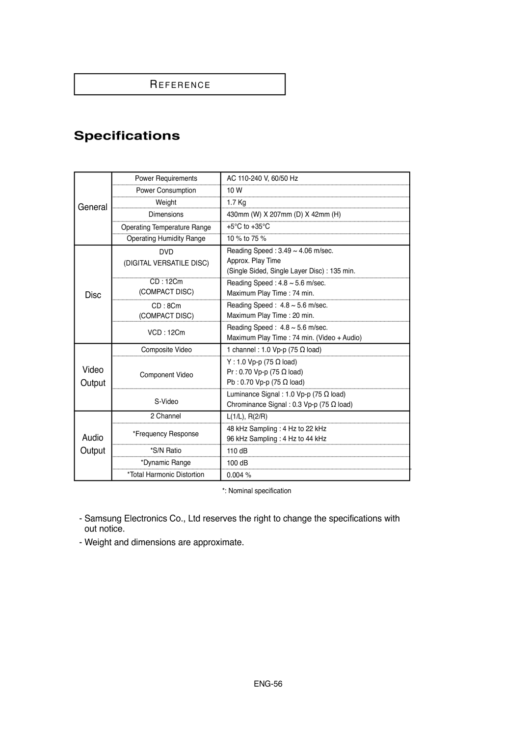 Samsung DVD-P250K/AFR, DVD-P250K/XSG manual Specifications 