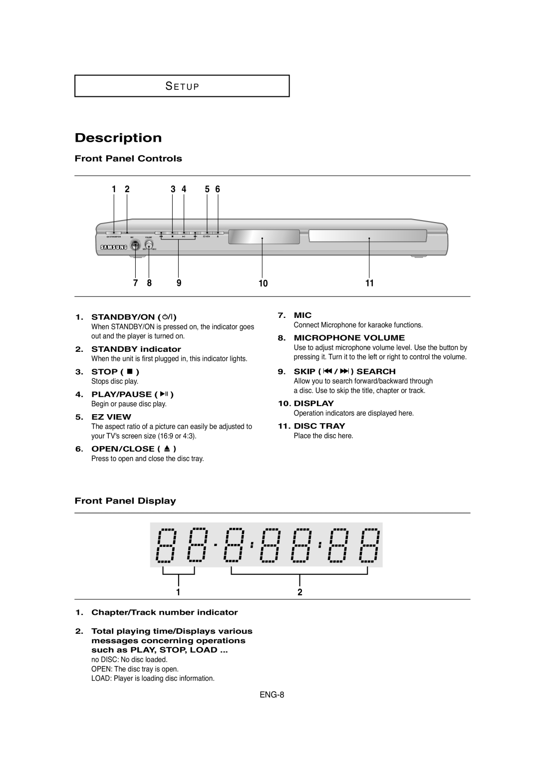 Samsung DVD-P250K/AFR, DVD-P250K/XSG manual Description, Front Panel Controls, Front Panel Display 