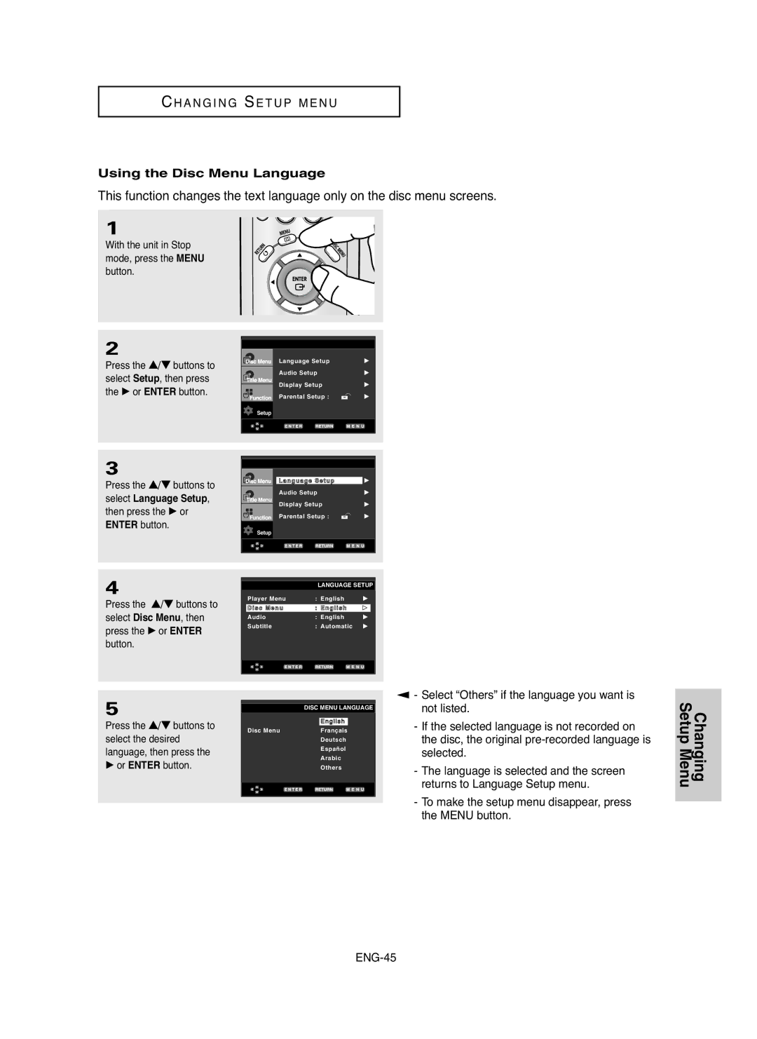 Samsung DVD-P250K/XSG Using the Disc Menu Language, Press the …/† buttons to, Select Language Setup, Then press the √ or 