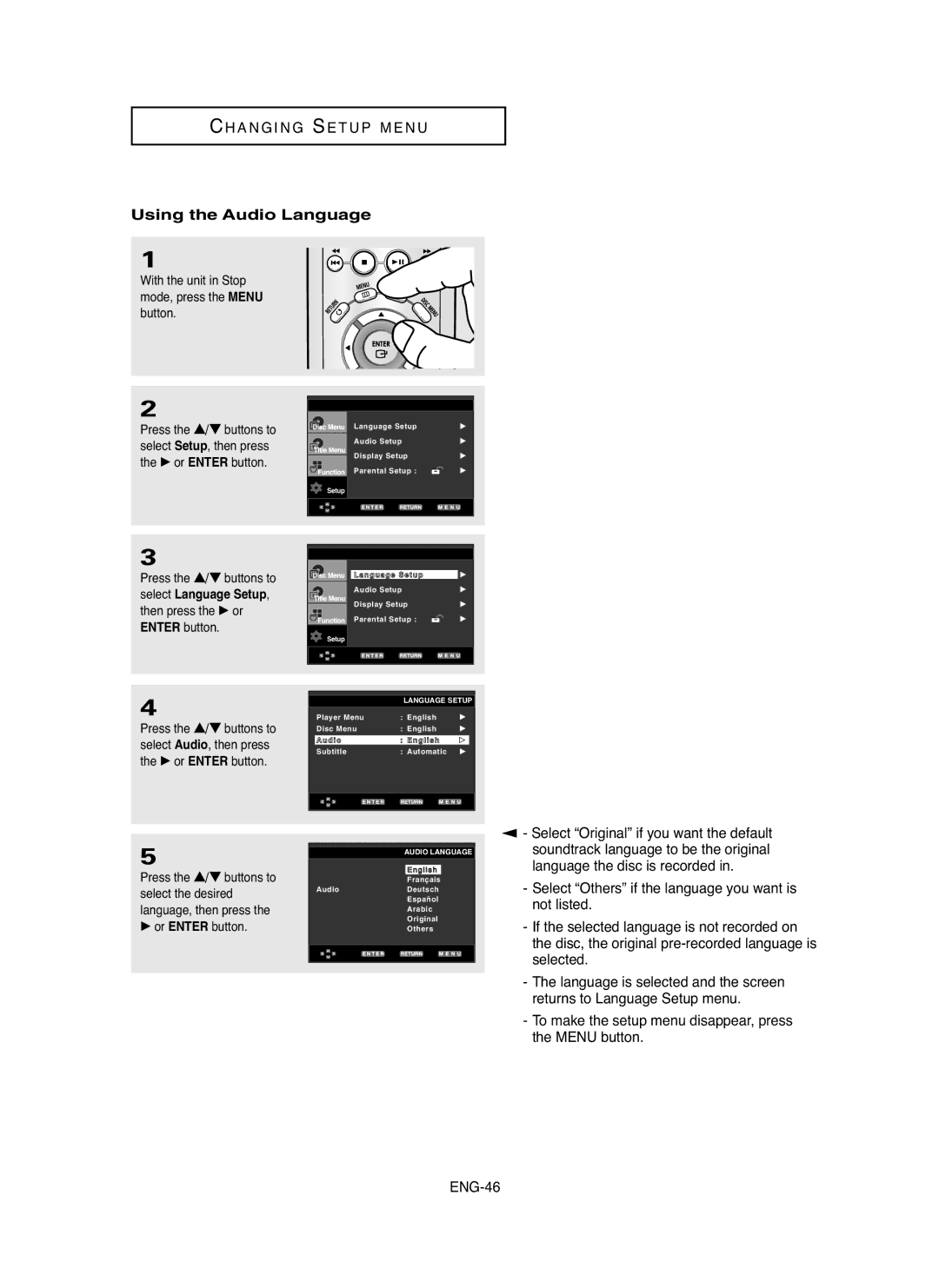 Samsung DVD-P250K/FES, DVD-P250K/XFA, DVD-P250K/AFR, DVD-P250K/XSG, DVD-P255K/XSG, DVD-P250K/AND manual Using the Audio Language 