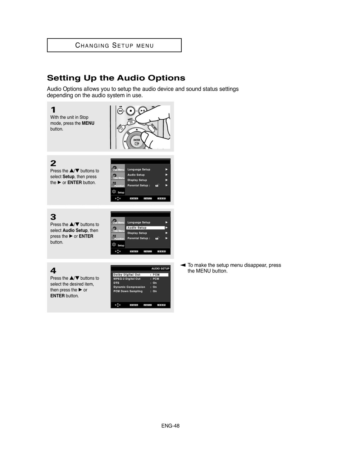 Samsung DVD-P250K/AND, DVD-P250K/XFA, DVD-P250K/AFR, DVD-P250K/XSG, DVD-P250K/FES Setting Up the Audio Options, Enter button 