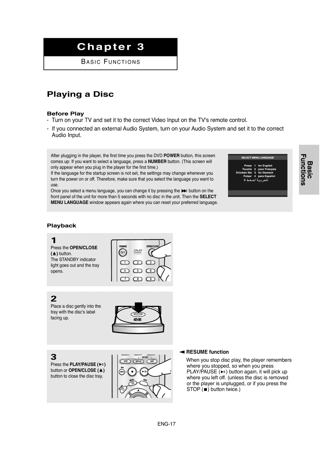 Samsung DVD-P250K/AFR, DVD-P250K/XFA, DVD-P250K/XSG, DVD-P250K/FES Playing a Disc, Before Play, Playback, Resume function 