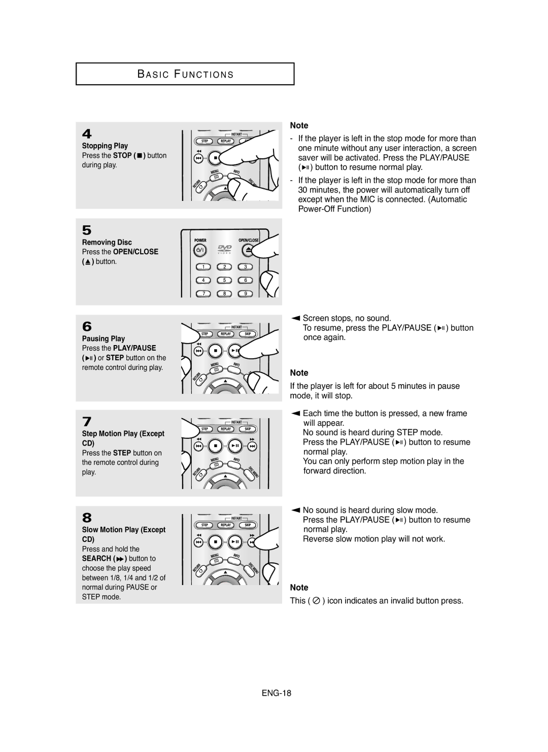 Samsung DVD-P250K/XSG manual Stopping Play, Removing Disc, Pausing Play, Step Motion Play Except, Slow Motion Play Except 