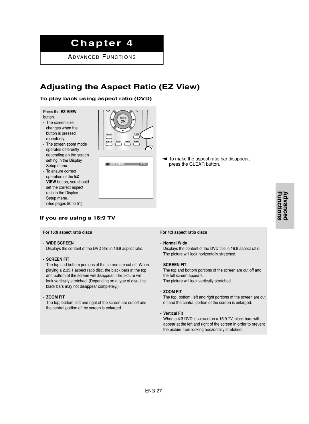 Samsung DVD-P250K/XSG, DVD-P250K/XFA, DVD-P250K/AFR Adjusting the Aspect Ratio EZ View, To play back using aspect ratio DVD 