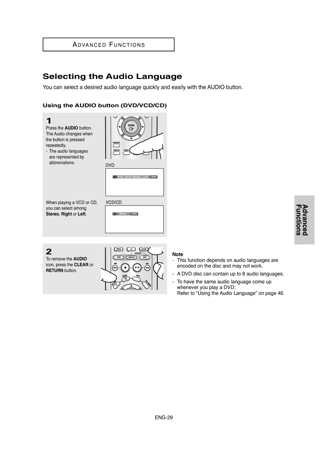 Samsung DVD-P255K/XSG manual Selecting the Audio Language, Using the Audio button DVD/VCD/CD, Stereo , Right or Left 