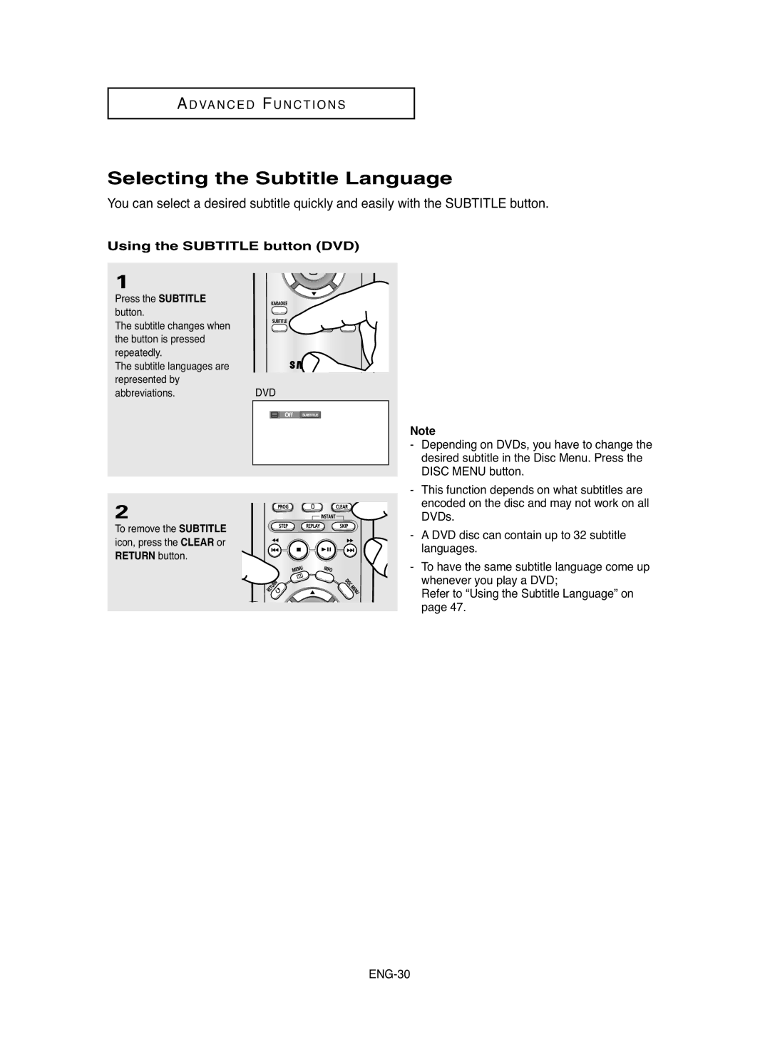 Samsung DVD-P250K/AND, DVD-P250K/XFA, DVD-P250K/AFR manual Selecting the Subtitle Language, Using the Subtitle button DVD 