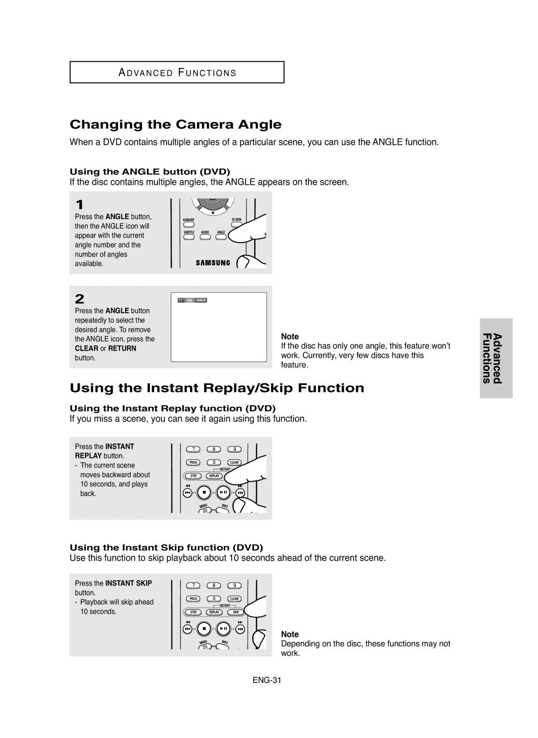 Samsung DVD-P255K/UMG manual Changing the Camera Angle, Using the Instant Replay/Skip Function, Using the Angle button DVD 