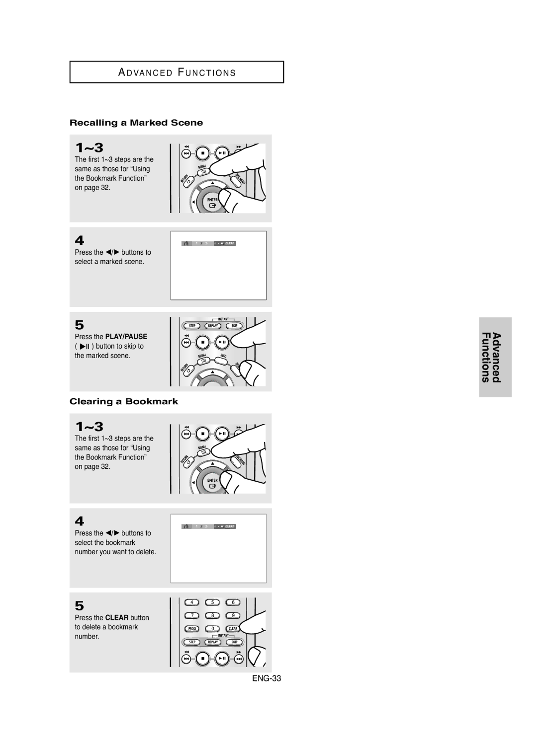 Samsung DVD-P250K/UMG Recalling a Marked Scene, Clearing a Bookmark, Press the Clear button to delete a bookmark number 